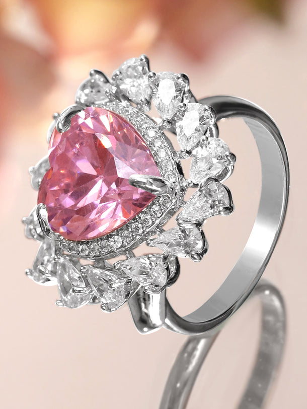 Pink Heart Studded Silver Ring