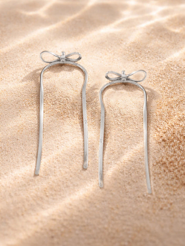 Demi Fine Rhodium Plated Bow Long Drop Dangler Earrings | Anti Tarnish