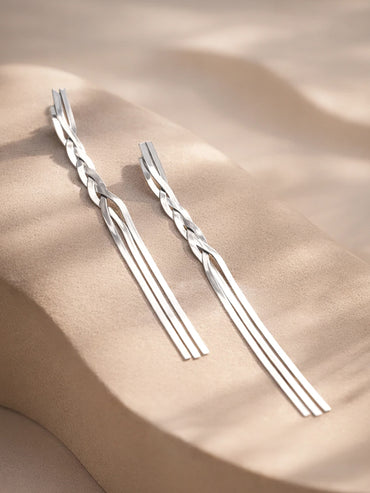 Demi Fine Rhodium Plated Triple Line Braided Tassel Drop Earrings