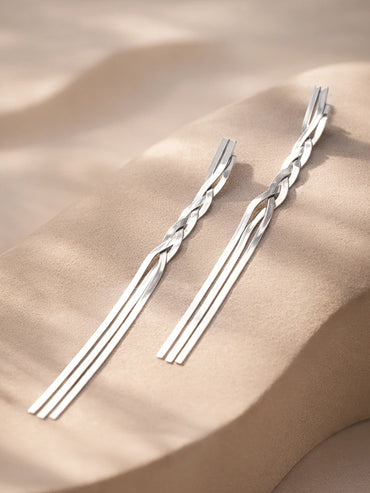Demi Fine Rhodium Plated Triple Line Braided Tassel Drop Earrings