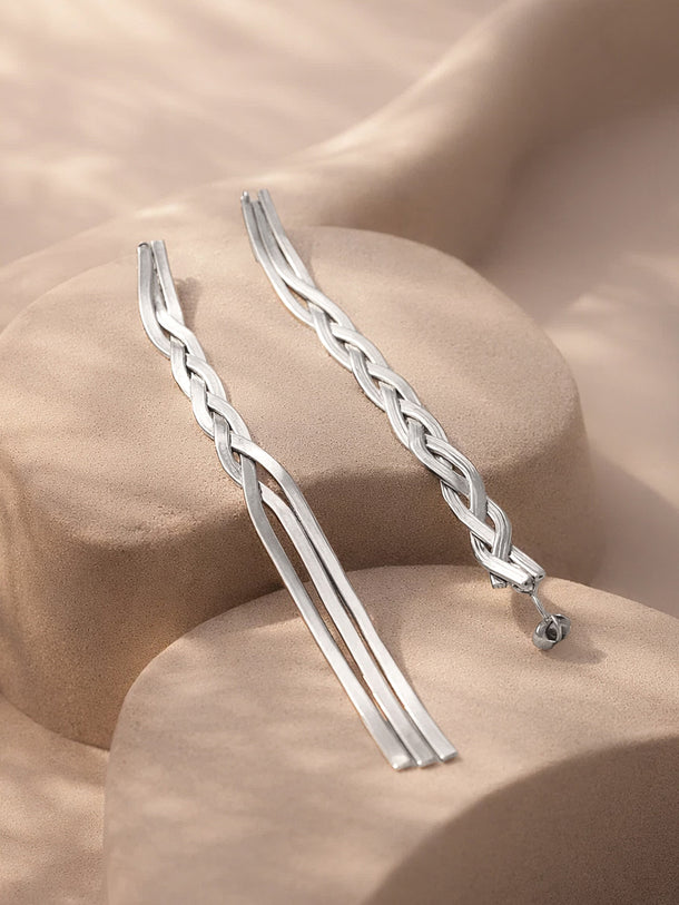 Demi Fine Rhodium Plated Triple Line Braided Tassel Drop Earrings
