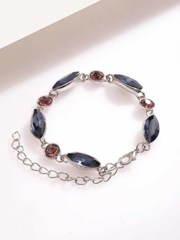 Silver Toned Bracelet With Blue & Brown Crystals