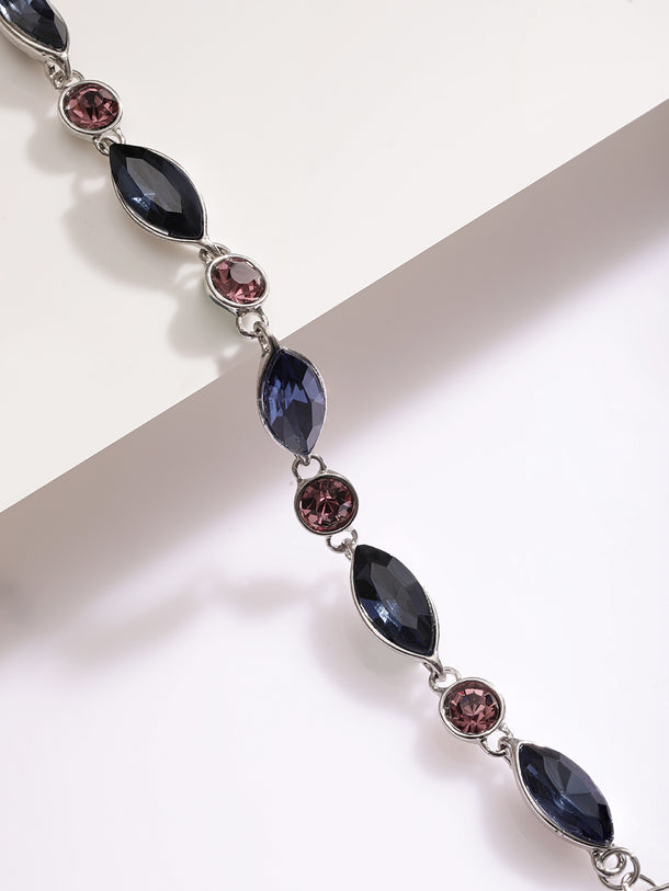 Silver Toned Bracelet With Blue & Brown Crystals