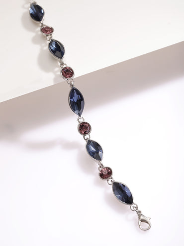 Silver Toned Bracelet With Blue & Brown Crystals