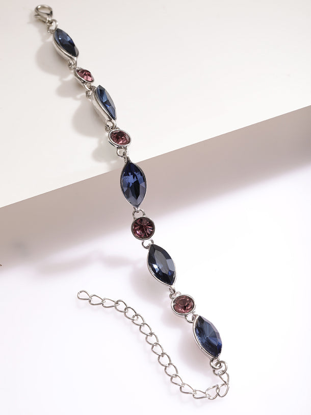 Silver Toned Bracelet With Blue & Brown Crystals