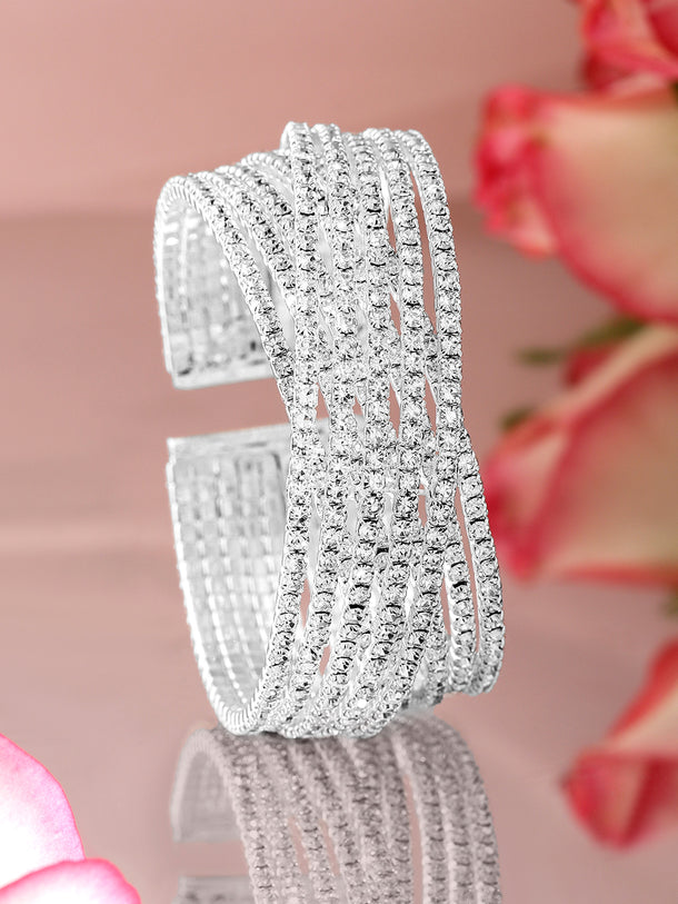 Rubans Rhodium-Plated Cubic Zirconia Stone Studded Cuff Openable Bracelet