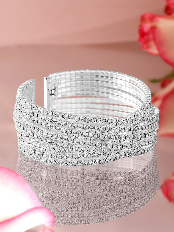 Rubans Rhodium-Plated Cubic Zirconia Stone Studded Cuff Openable Bracelet