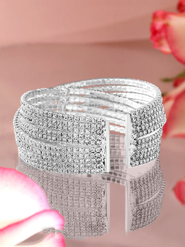 Rubans Rhodium-Plated Cubic Zirconia Stone Studded Cuff Openable Bracelet