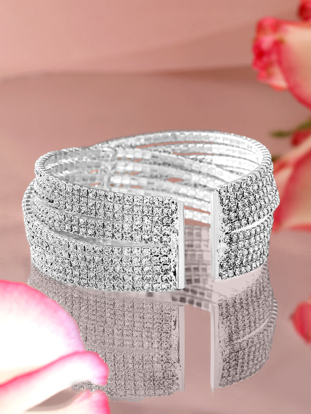 Rubans Rhodium-Plated Cubic Zirconia Stone Studded Cuff Openable Bracelet