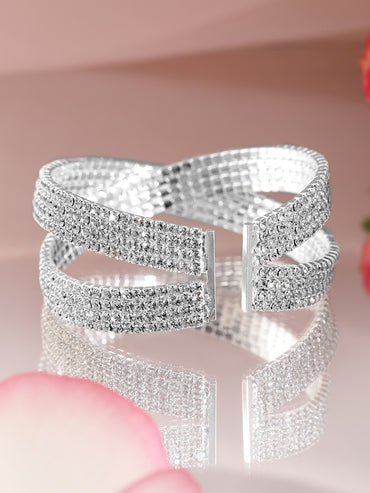 Rubans Rhodium-Plated Crystals Stone Studded Cuff Bracelet