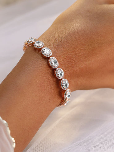 Rubans 18K Rose Gold-Plated Oval-Cut AAA Cubic Zirconia Studded Premium Tennis Bracelet