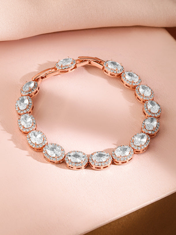 Rubans 18K Rose Gold-Plated Oval-Cut AAA Cubic Zirconia Studded Premium Tennis Bracelet