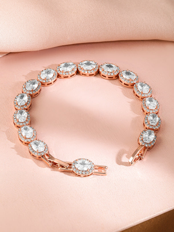 Rubans 18K Rose Gold-Plated Oval-Cut AAA Cubic Zirconia Studded Premium Tennis Bracelet