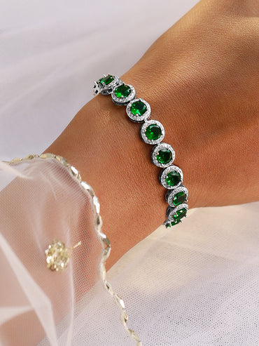 Rubans Rhodium-Plated Emerald Green & AAA Cubic Zirconia Studded Premium Tennis Bracelet