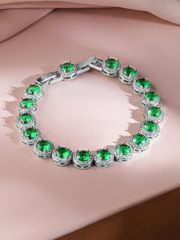 Rubans Rhodium-Plated Emerald Green & AAA Cubic Zirconia Studded Premium Tennis Bracelet