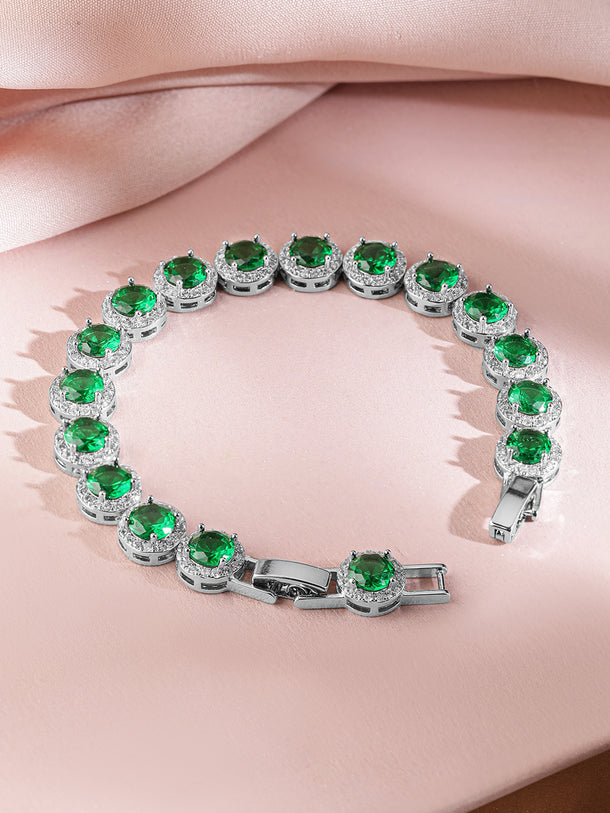 Rubans Rhodium-Plated Emerald Green & AAA Cubic Zirconia Studded Premium Tennis Bracelet