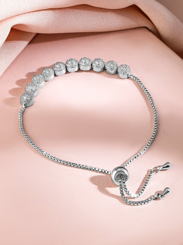 Rubans Rhodium-Plated Adjustable Pull Chain Cubic Zirconia Studded Bracelet