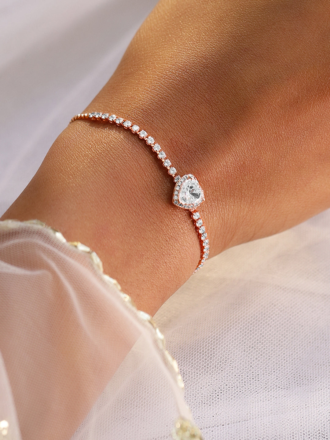 Rubans 18K Rose Gold-Plated Heart-Cut Cubic Zirconia Adjustable Pull Chain Tennis Bracelet