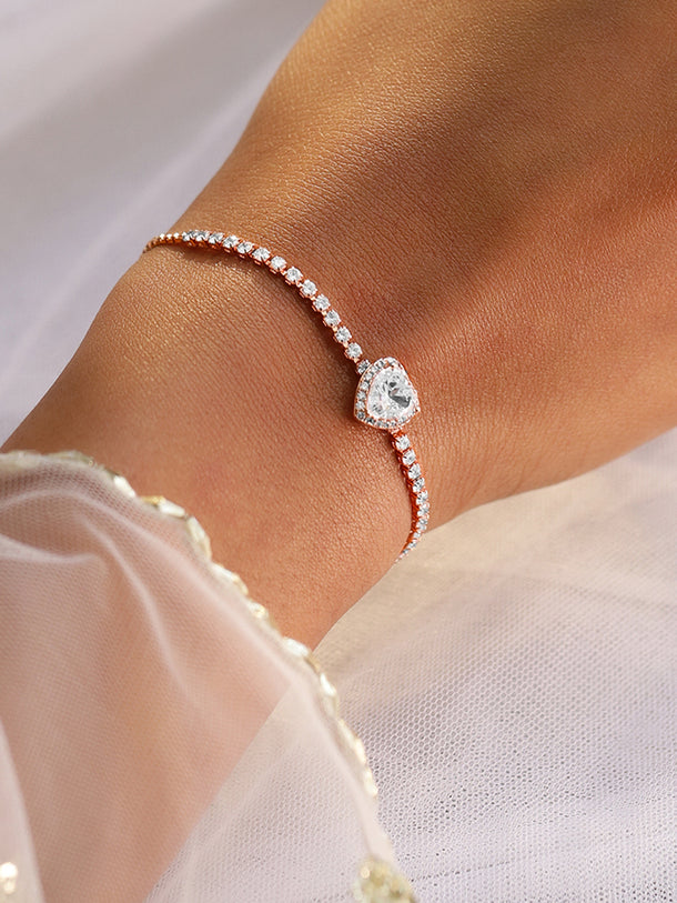 Rubans 18K Rose Gold-Plated Heart-Cut Cubic Zirconia Adjustable Pull Chain Tennis Bracelet