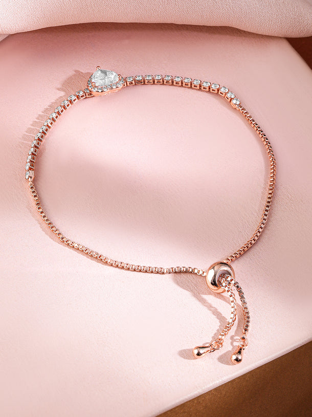 Rubans 18K Rose Gold-Plated Heart-Cut Cubic Zirconia Adjustable Pull Chain Tennis Bracelet