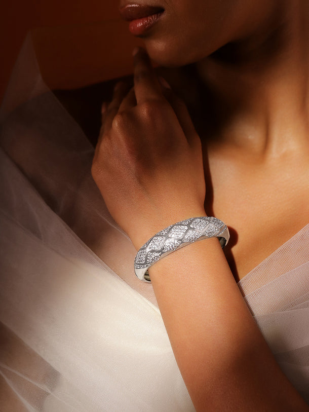 Rubans Rhodium-Plated Pave Diamond-Pattern Openable Bracelet with Cubic Zirconia Accents