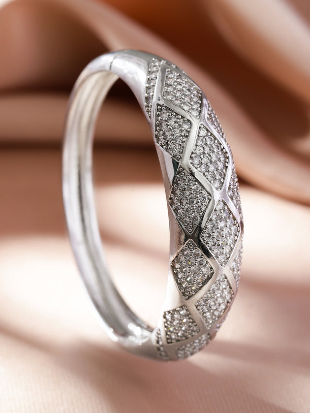 Rubans Rhodium-Plated Pave Diamond-Pattern Openable Bracelet with Cubic Zirconia Accents