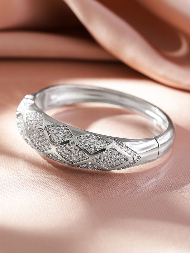 Rubans Rhodium-Plated Pave Diamond-Pattern Openable Bracelet with Cubic Zirconia Accents