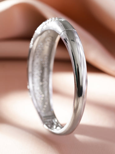 Rubans Rhodium-Plated Pave Diamond-Pattern Openable Bracelet with Cubic Zirconia Accents