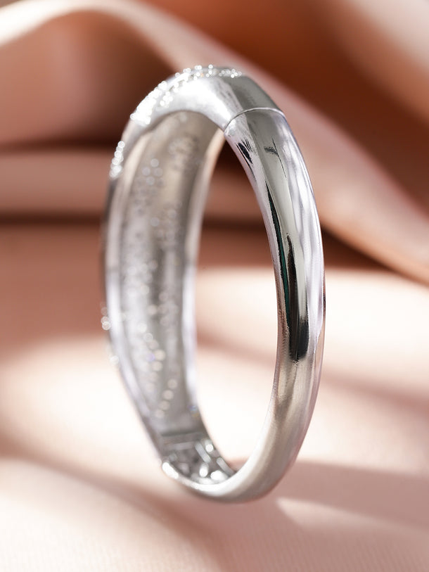 Rubans Rhodium-Plated Pave Diamond-Pattern Openable Bracelet with Cubic Zirconia Accents