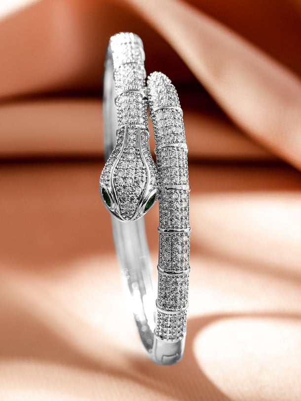 Rubans Rhodium-Plated White CubicZirconia Studded Luxe Demi-Fine Openable Panther Bracelet