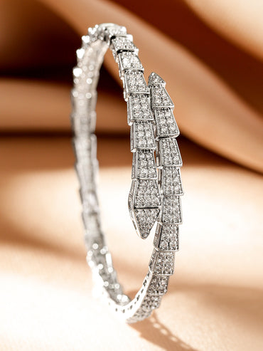 Rubans Rhodium-Plated Double-Layer Snake Design Openable Bracelet with Cubic Zirconia