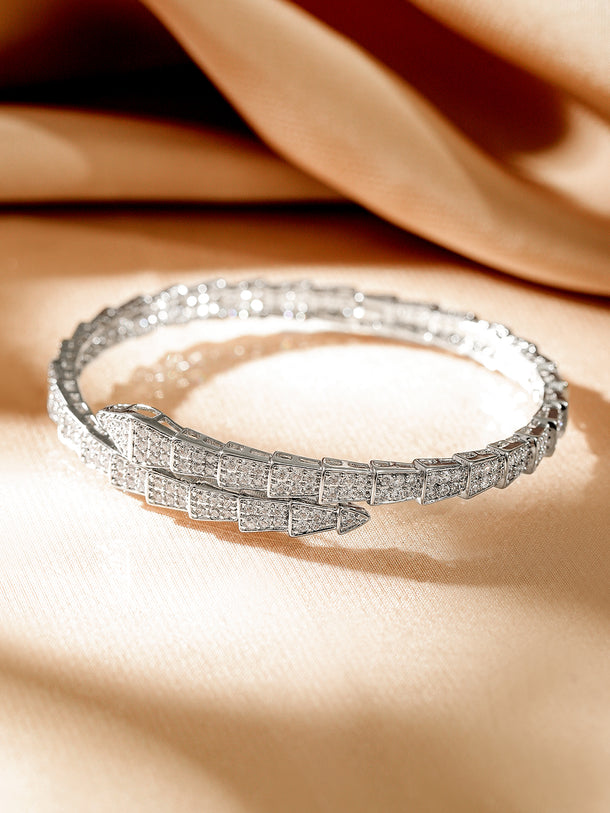 Rubans Rhodium-Plated Double-Layer Snake Design Openable Bracelet with Cubic Zirconia