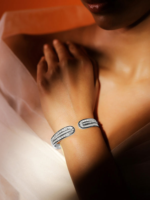 Rubans Rhodium-Plated Openable Cuff Bracelet with Intricate Cubic Zirconia Detailing