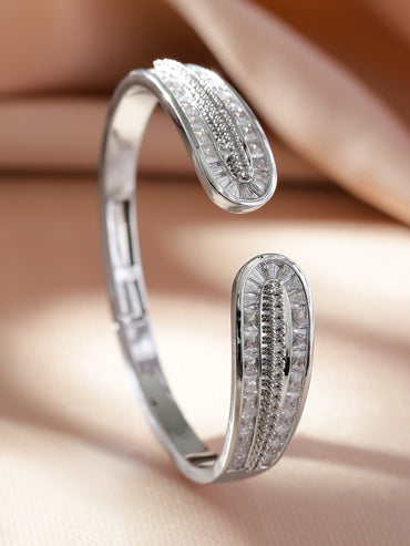Rubans Rhodium-Plated Openable Cuff Bracelet with Intricate Cubic Zirconia Detailing