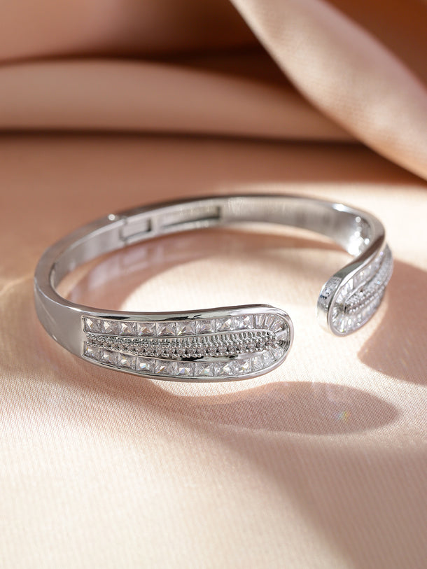 Rubans Rhodium-Plated Openable Cuff Bracelet with Intricate Cubic Zirconia Detailing
