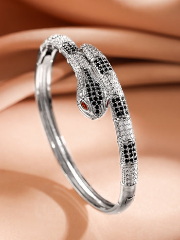 Rubans Rhodium-Plated Black & White Cubic Zirconia Snake Design Openable Demi-Fine Bracelet