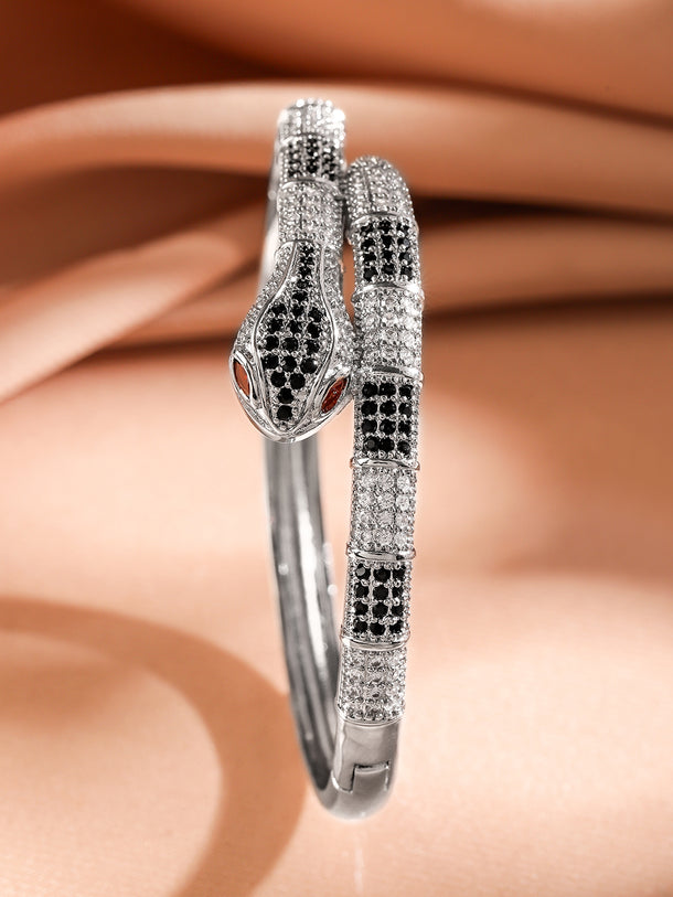 Rubans Rhodium-Plated Black & White Cubic Zirconia Snake Design Openable Demi-Fine Bracelet