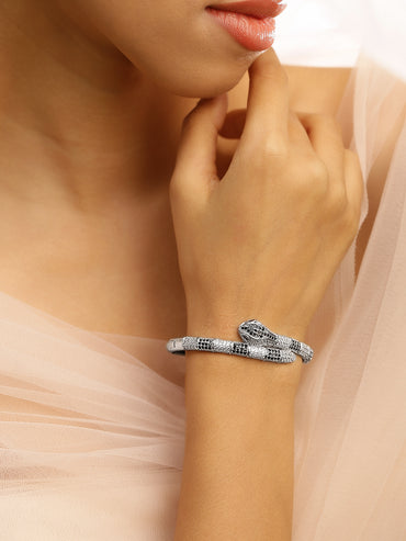 Rubans Rhodium-Plated Black & White Cubic Zirconia Snake Design Openable Demi-Fine Bracelet