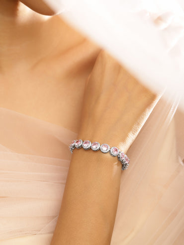 Rubans Rhodium Plated Sparkling pink round-cut Cubic Zirconia Studded Premium Tennis Bracelet