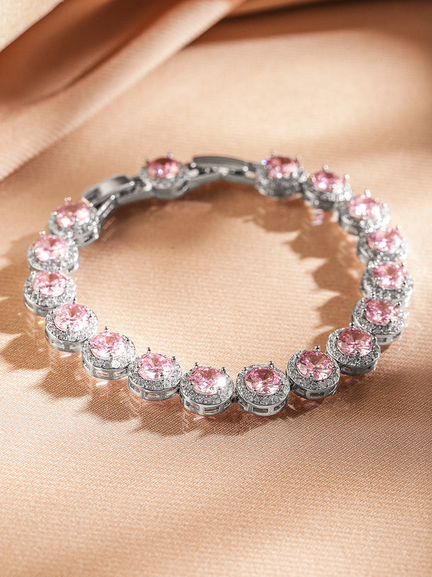 Rubans Rhodium Plated Sparkling pink round-cut Cubic Zirconia Studded Premium Tennis Bracelet