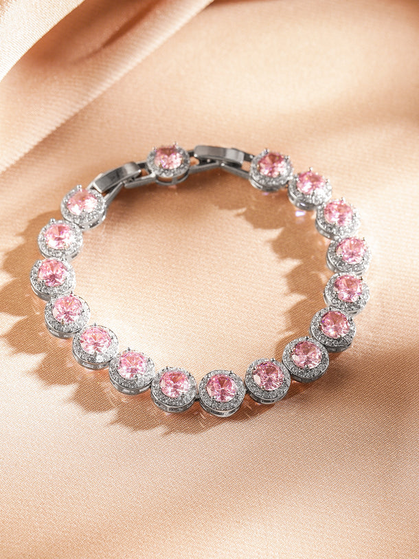 Rubans Rhodium Plated Sparkling pink round-cut Cubic Zirconia Studded Premium Tennis Bracelet