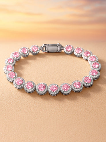 Rubans Rhodium Plated Sparkling pink round-cut Cubic Zirconia Studded Premium Tennis Bracelet