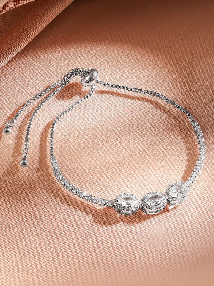 Rubans Rhodium-Plated White CubicZirconia Adjustable Pull Chain Bracelet Elegant & Stylish