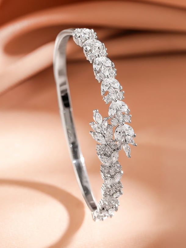 Rubans Rhodium Plated Elegant Leaf-Inspired Bracelet