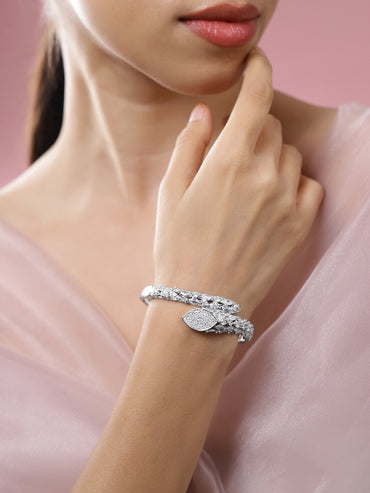 Rubans Rhodium-Plated AAA Cubic Zirconia Studded Luxe Openable Bracelet in Silver Tone