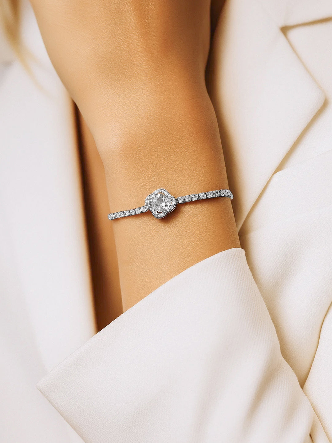 Rubans Rhodium-Plated Cubic Zirconia Studded Link Bracelet