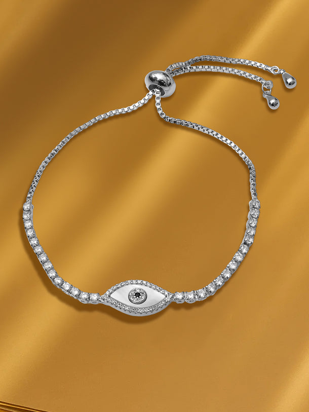 Rhodium Plated Evil Eye Adjustable Bracelet