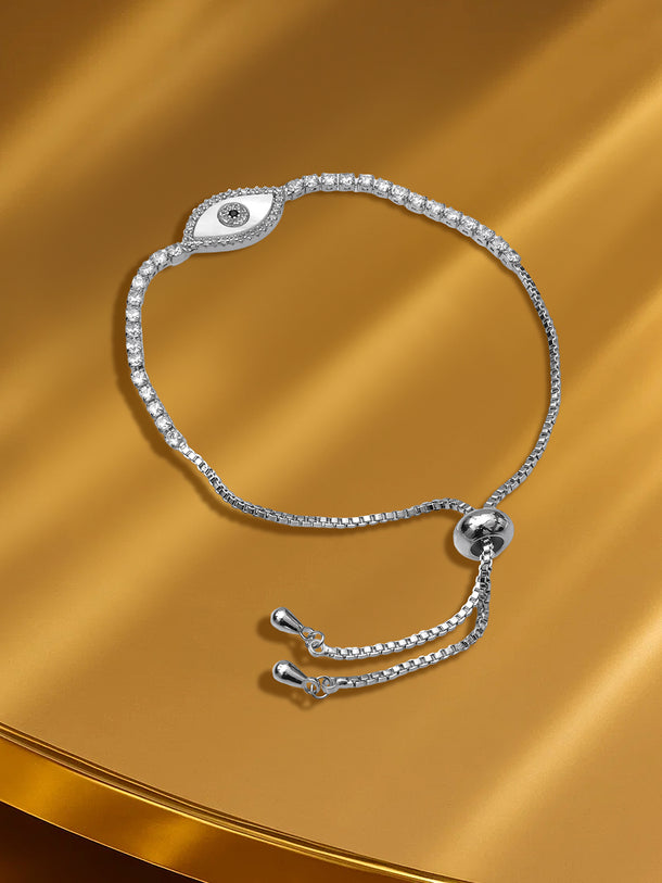 Rhodium Plated Evil Eye Adjustable Bracelet