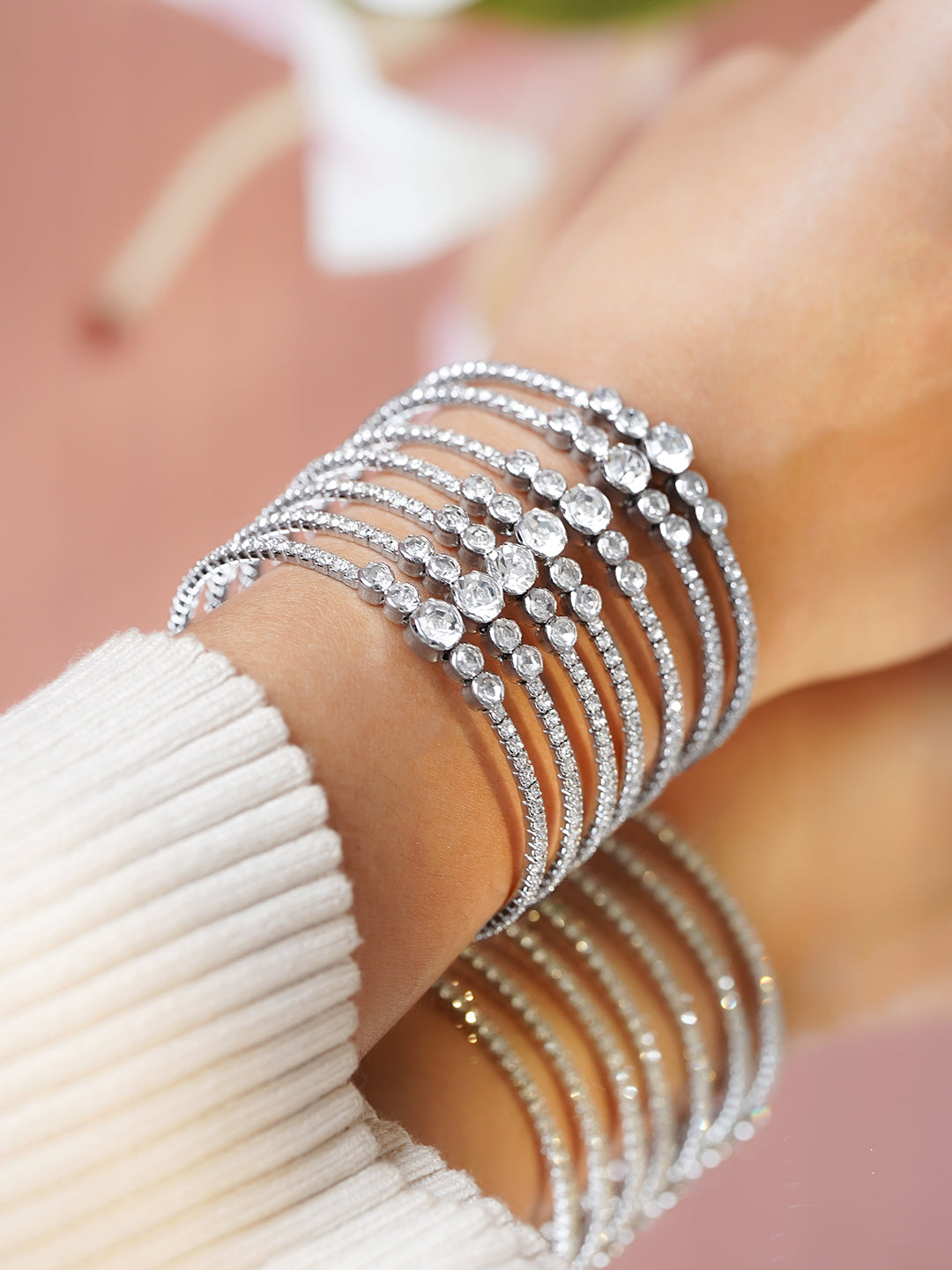 Rubans Rhodium-Plated Brass Clear Cubic Zirconia Multi-Strand Statement Bracelet