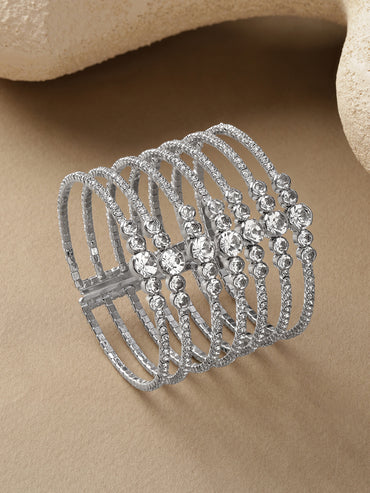 Rubans Rhodium-Plated Brass Clear Cubic Zirconia Multi-Strand Statement Bracelet